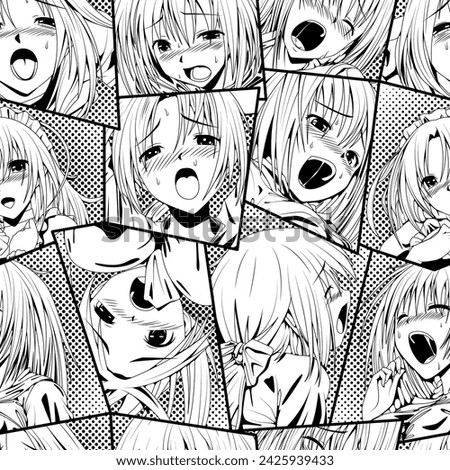 Black vector seamless pattern with ahegao face emotion, illustration manga set. Hand-drawn art for t-shirts, helmets, cars, and wallpapers. concept graphic design element. Isolated on white background