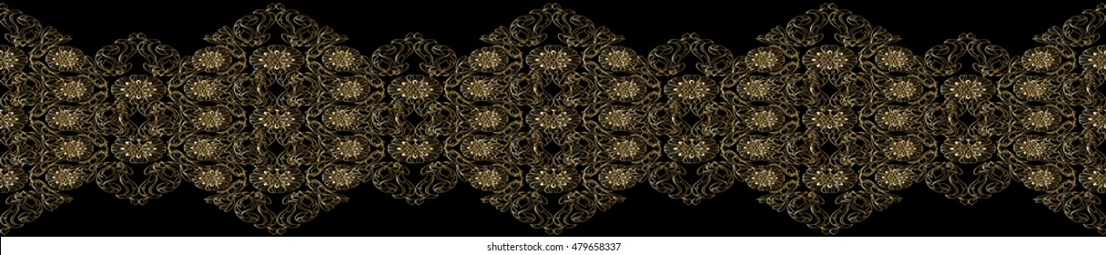 Black vector seamless pattern border wallpaper background illustration with black and gold vintage floral decorative stylish modern ornament. Luxury texture.