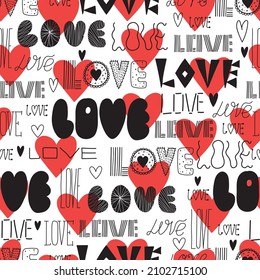 Black vector seamless pattern with cute  love phrase and hearts. Valentines Day's background. Can be used in textile industry, paper, background, scrapbooking.