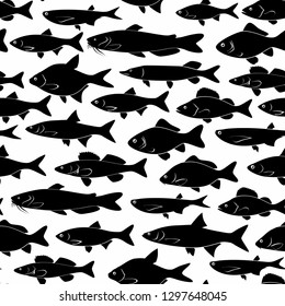 Black vector seamless pattern with fish silhouettes. Textule print for t-shirts or web site design.