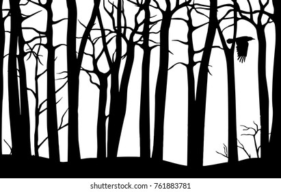 Black Vector Seamless Pattern Of Scary Forest With Crooked Trees And Flying Crow Isolated On White Background