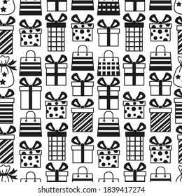 Black vector seamless pattern with Black simple linear symbols of gift boxes with ribbons on a white background . Design for black friday backgrounds and sales