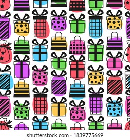 Black vector seamless pattern with simple linear symbols of gift boxes with ribbons on a white background and colored spots. Design for black friday backgrounds and sales