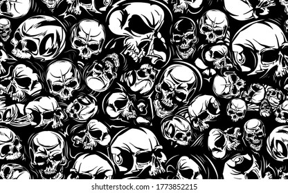 Black vector seamless pattern with skulls, illustration set. Hand-drawn art for t-shirts, clothes, helmets, cars, covers and wallpapers. concept graphic design element. Isolated on white background.