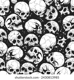 Black vector seamless pattern with skulls, illustration set. Hand-drawn art for t-shirts, clothes, helmets, cars, covers and wallpapers. concept graphic design element. Isolated on white background.