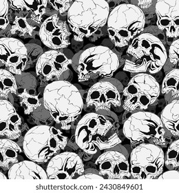 Black vector seamless pattern with skulls, illustration set. Hand-drawn editable layered art for t-shirts, cars, covers and wallpapers. concept graphic design element. Isolated on black background.