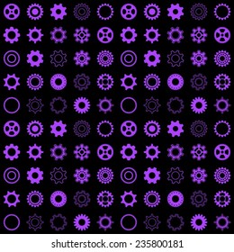 Black vector seamless pattern with violet gear wheels