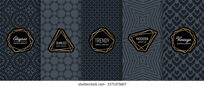 Black vector seamless patterns. Collection of luxury ornamental background swatches with modern minimal golden labels. Elegant abstract geometric textures set. Premium design for decor, package, card