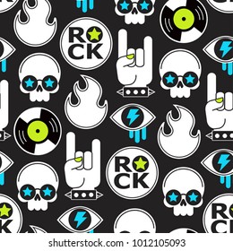 black vector seamless rock pattern with skull and hands