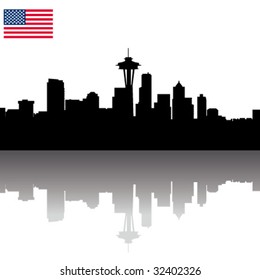 Black vector Seattle silhouette skyline with USA flag