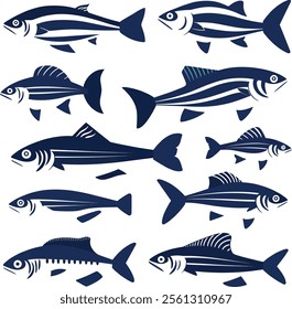 Black vector set of Fish icon. Outline EPS illustration.