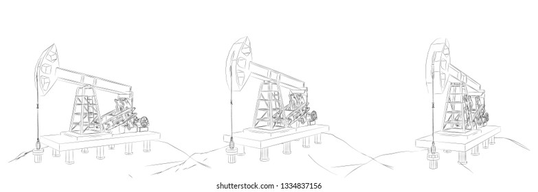 black vector set of oil towers.
thin line style isolated on white background