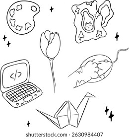 Black vector set: origami swan, paint palette, cat mug, tech cat, tulip and laptop. Perfect for prints on T-shirts, stickers, mugs, and other merchandise. Cute, minimalist, and versatile.