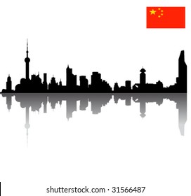 Black vector Shanghai  silhouette skyline with Flag of the People's Republic of China