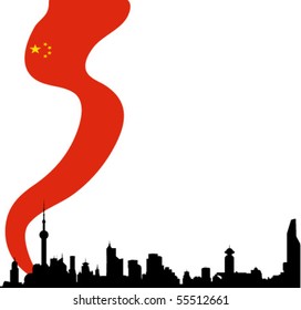 Black vector Shanghai silhouette skyline with Flag of the People's Republic of China