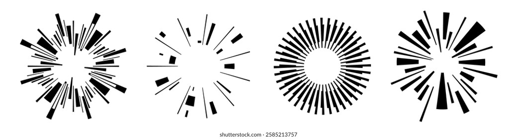 Black vector shapes collection isolated on white background. Abstract circular patterns. Rays, beams, starbursts. Radiating lines. Vector icons.