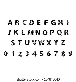 Black vector shattered alphabet and numbers created from pieces