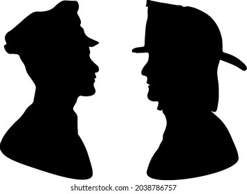 A Black Vector Of A Side View Of Silhouettes Of A Policeman And A Firefighter