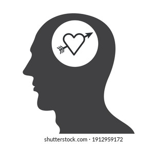 Black vector sign of man's profile with heart on brain place isolated on white background.