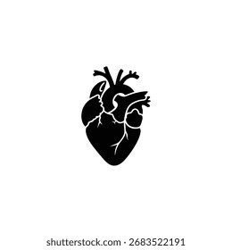 A black vector silhouette of an anatomical heart, including the arteries and veins, centered on a clean, bright white background.