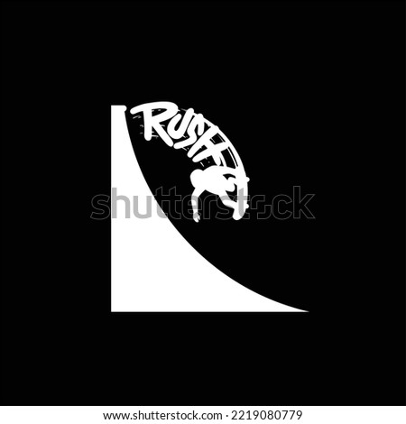 black vector silhouette of a back flip skateboarder on a big ramp at skatepark with text rush, can be used as a logo to form the letter R  symbol
