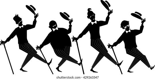 Black vector silhouette of a barbershop quartet performing a song and dance, EPS 8, no white objects