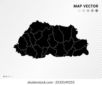 Silueta de Vector negro del mapa de Bután sobre fondo transparente.