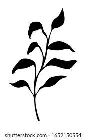 Silueta vectorial negra de una rama con hojas. Hermoso elemento botánico para el diseño y decoración de tarjetas, invitaciones, impresión en tela, ropa, productos.