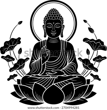 Black vector silhouette of Buddha seated in meditation (Dhyana Mudra) on a lotus flower, surrounded by leaves and a halo. Symbol of peace and Buddhism