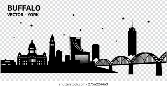 A black vector silhouette of the Buffalo New York city skyline at night featuring a prominent bridge and various buildings under a starry sky