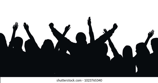 Black vector silhouette of cheering crowd isolated on white background - festival, sport, party