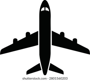 A black vector silhouette of a commercial airplane viewed from the front, showcasing its sleek design and prominent features.