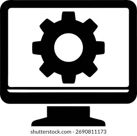 Black vector silhouette of a computer monitor displaying a large gear icon, designed for system settings and technical support. This technology symbol is perfect for web interface design, configuratio