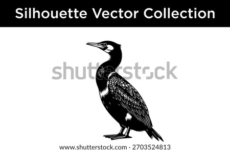 Black vector silhouette of a cormorant-like bird, featuring a long, curved neck, pointed beak, and stylized feather texture.