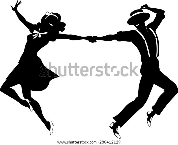 Black vector silhouette of a couple\
dancing swing or tap dance, no white objects, EPS\
8