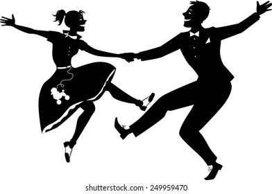 Black vector silhouette of a couple dressed in 1950s fashion dancing rock and roll, no white, will look the same on any color background