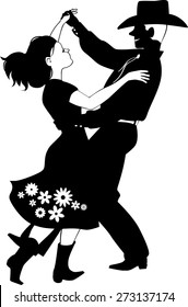 Black vector silhouette of a couple dressed in country-western clothes, dancing polka or contra-dance, no white objects, will look the same on any color background, EPS 8
