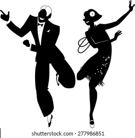 Black vector silhouette of a couple dressed in 1920s fashion dancing the Charleston, no white objects, EPS 8