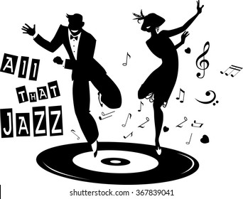 Black vector silhouette of a couple dressed in 1920s fashion dancing the Charleston on a record, no white objects, EPS 8