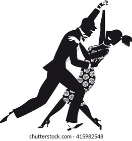 Black vector silhouette of a couple, dressed in 1920s fashion, dancing. EPS 8, no white objects