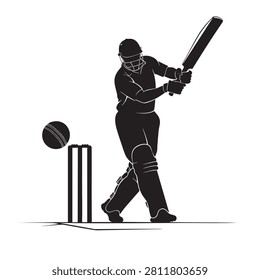 black vector silhouette of a cricket player batting with a ball and stumps