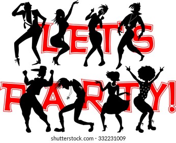 Black vector silhouette of dancing people with Let's party! written on the background, EPS 8 illustration