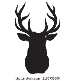 Black vector silhouette of deer head with antlers isolated on white background.