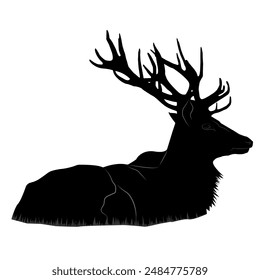 Black vector silhouette of a deer that lies on a grassy field. The deer is black and white, its antlers are clearly visible. The animal is calm and peaceful, as the deer is resting