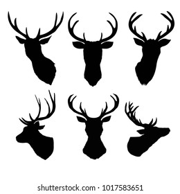 Black vector silhouette of deer's head with antlers isolated on white background.