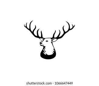 Black vector silhouette of deer's head with antlers isolated on white background.