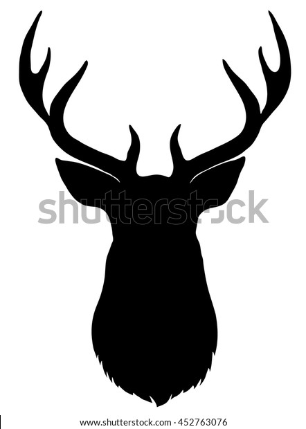 Black vector silhouette of deer\'s head with\
antlers isolated on white\
background.