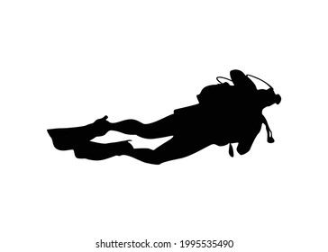 Black vector silhouette of a diver isolated on white background