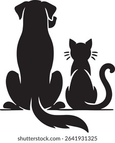  Black vector silhouette of a dog and a cat sitting side by side, viewed from behind. The design highlights the companionship between pets, making it ideal for logos and veterinary services.