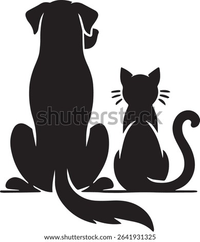  Black vector silhouette of a dog and a cat sitting side by side, viewed from behind. The design highlights the companionship between pets, making it ideal for logos and veterinary services.